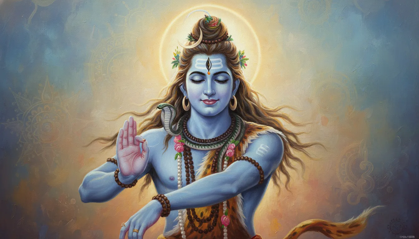 Lord Shiva dancing with a gentle expression and a glowing third eye aura