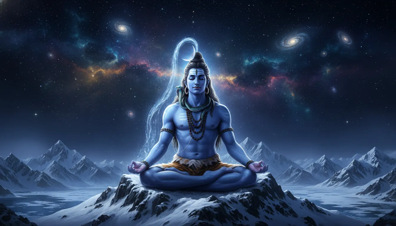 Lord Shiva meditating on a tiger skin at Mount Kailash under a starry cosmic sky and glowing crescent moon.