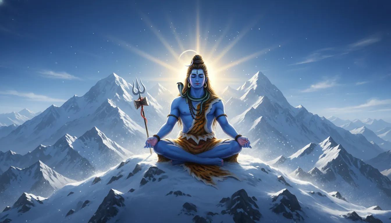 Lord Shiva meditating on the snow-covered peak of Mount Kailash.