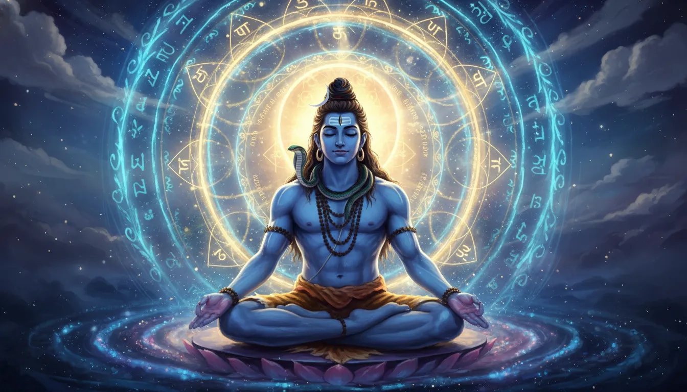 Animated Lord Shiva meditating with golden and blue circular aura behind him.