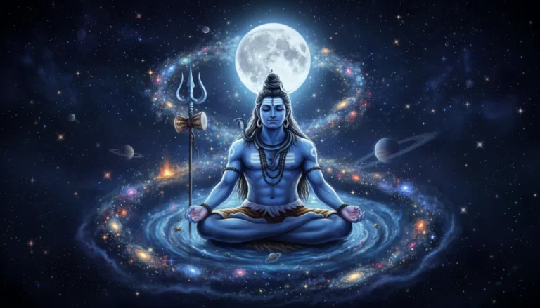 Lord Shiva cosmic meditation image with blue aura and trishul