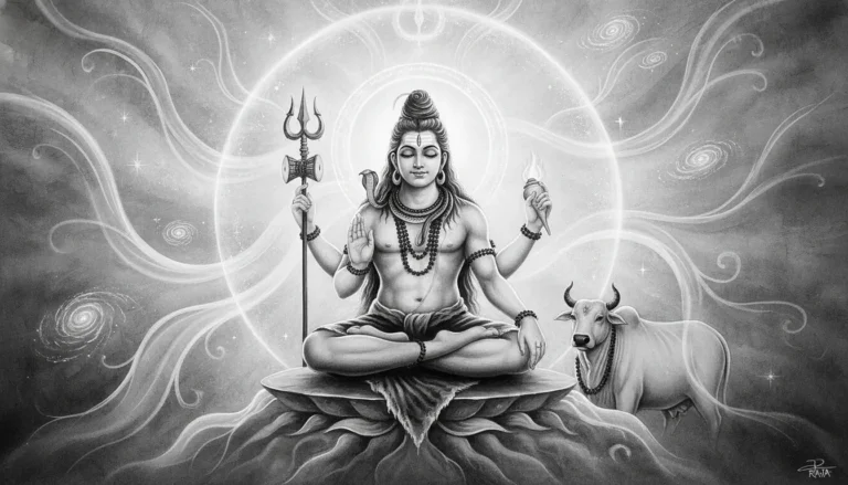 Shiva meditating with glowing aura in black and white style