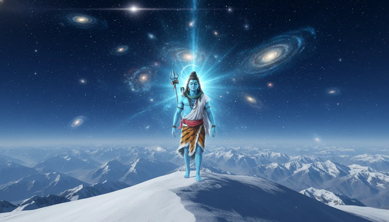 Lord Shiva walking on the high snowy peaks of Kailash, radiating eternal peace and power.