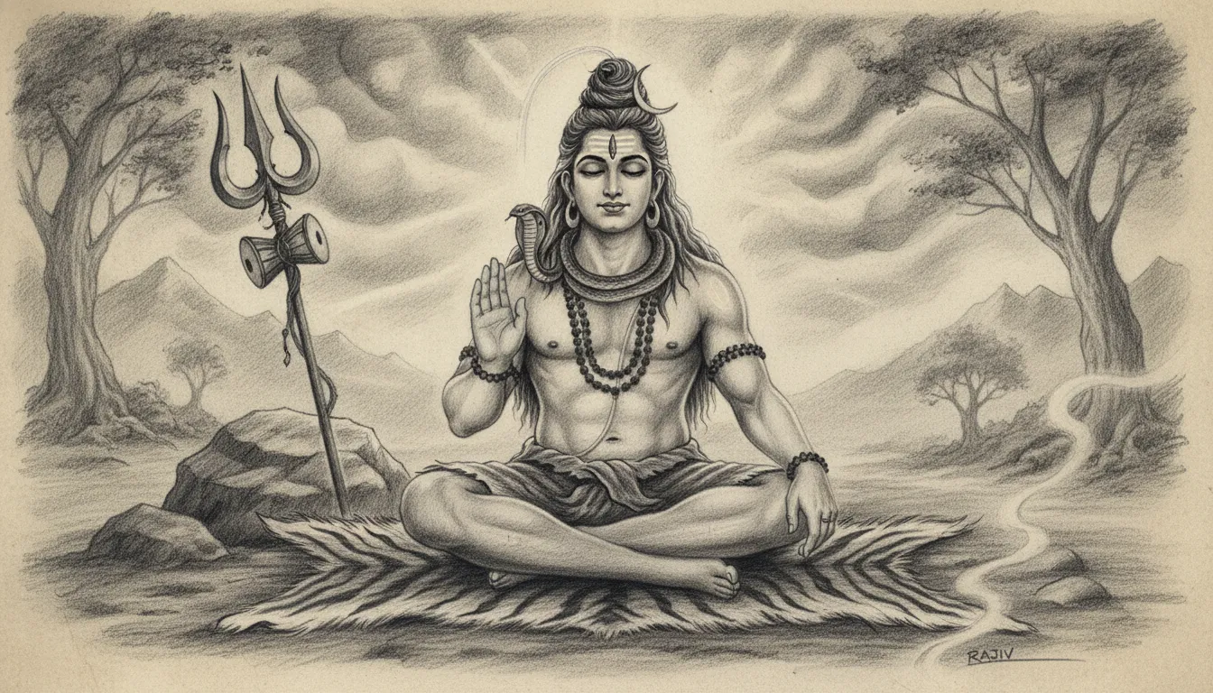 Lord Shiva divine pencil drawing sitting on tiger skin with trishul
