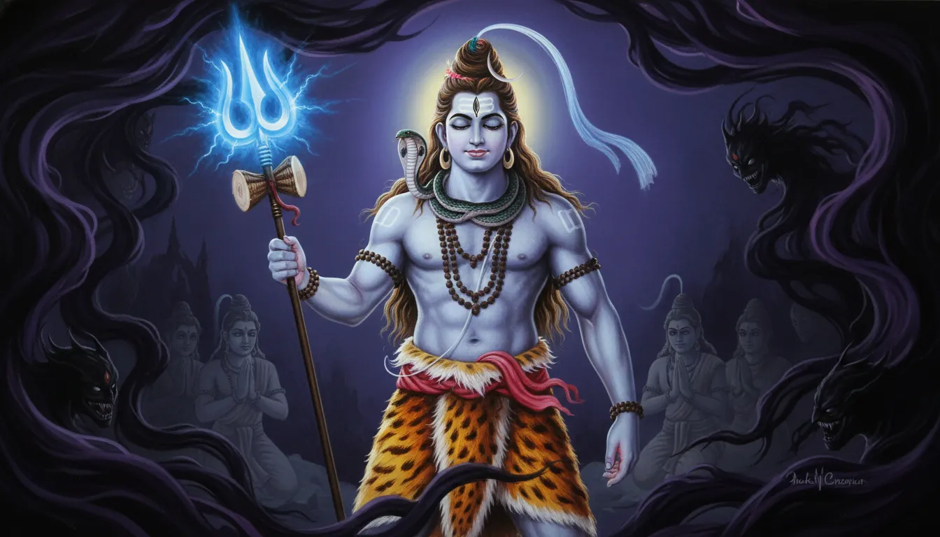 Lord Shiva acting as the divine protector in a powerful combat stance with a glowing blue trident.