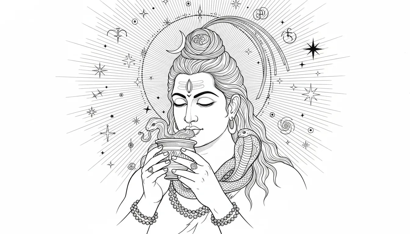 Black and white line illustration of Lord Shiva holding the blue poison cup