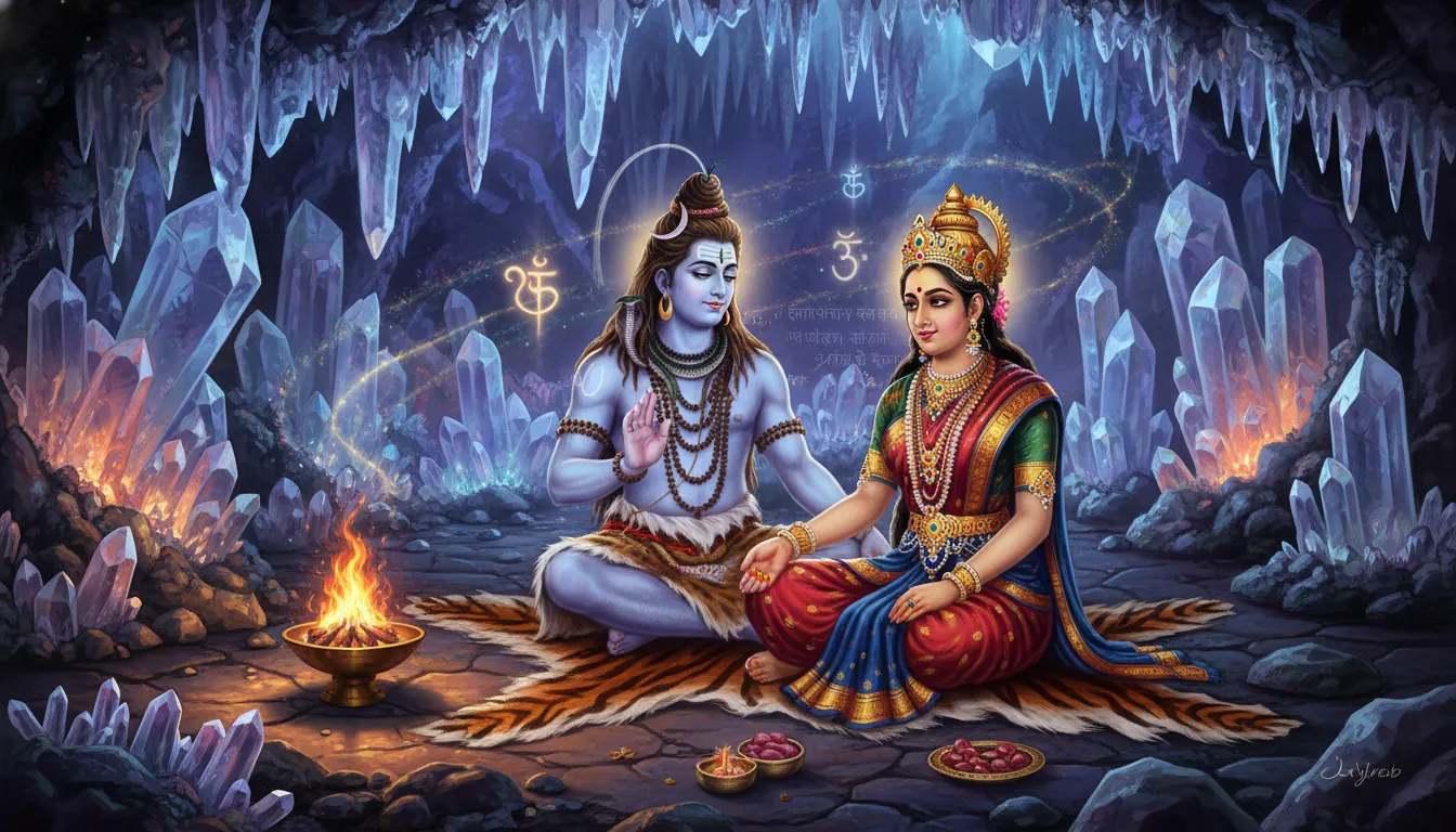 Shiva gesturing with his hands while whispering secret spiritual teachings into Parvati’s ear.