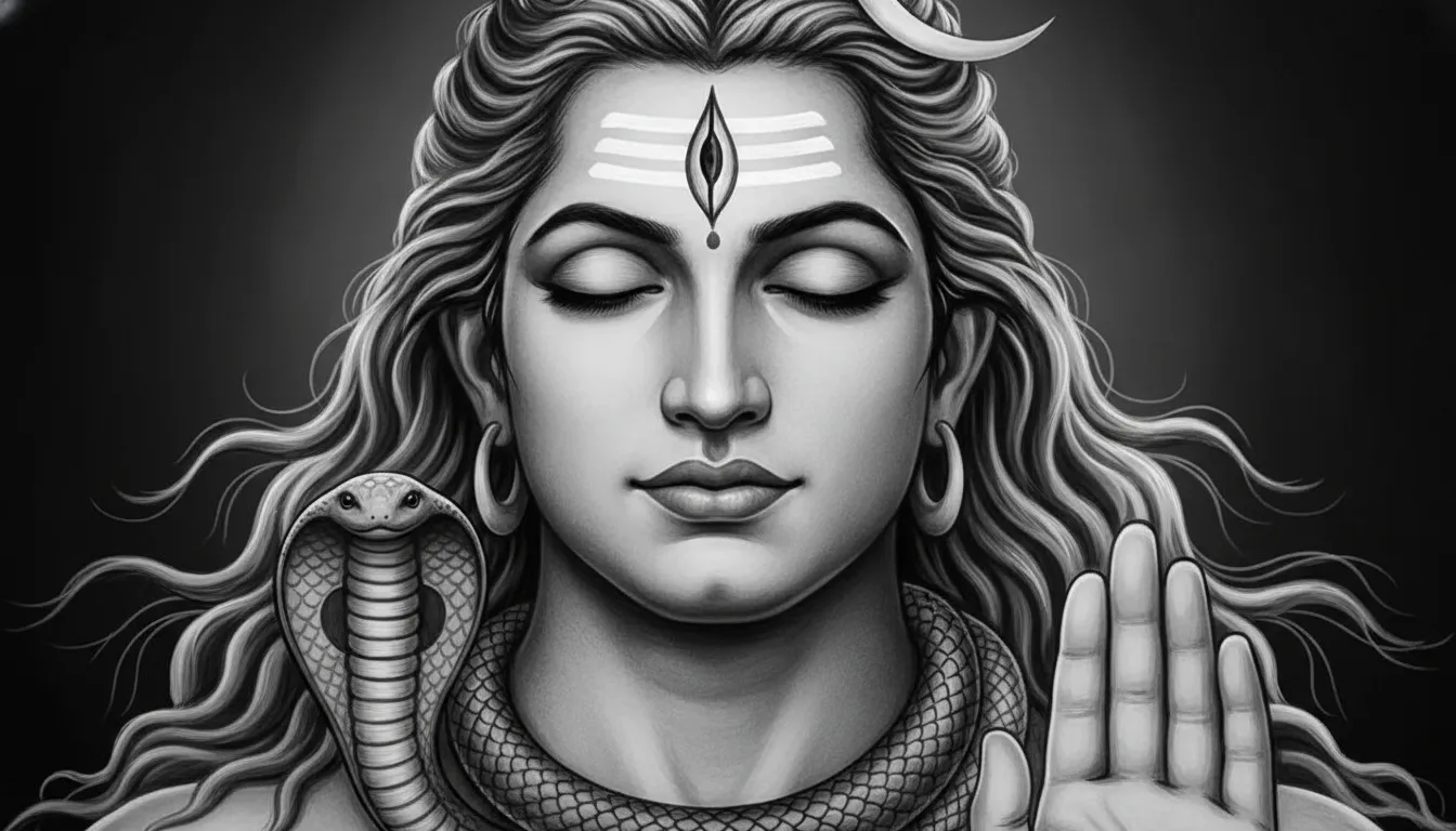 Lord Shiva face close-up black and white ethereal artistic portrait