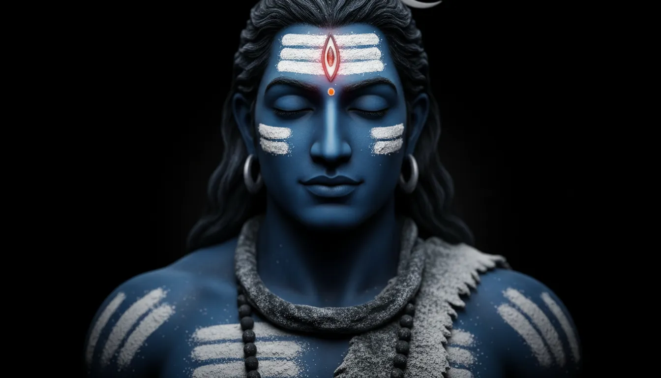 Lord Shiva face close-up with sacred ash bhasma on forehead and body
