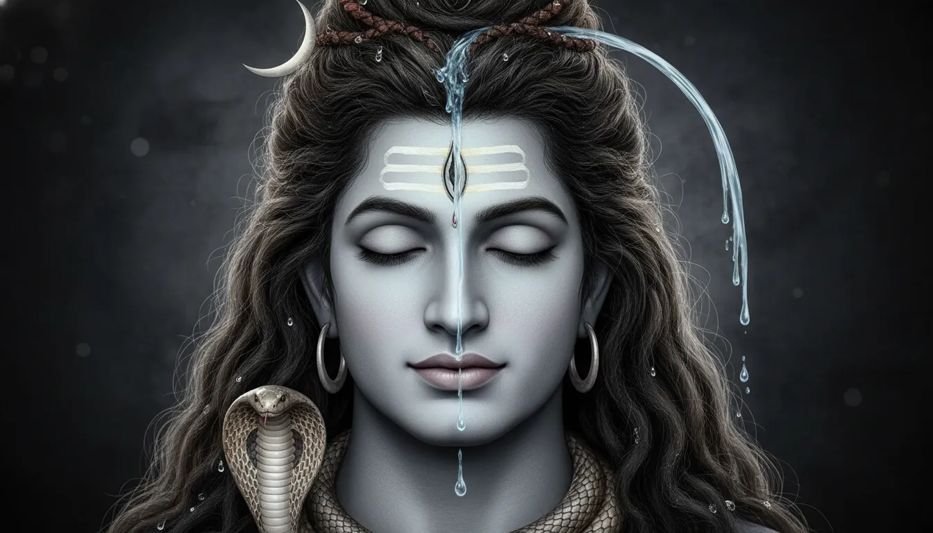 Lord Shiva face close-up with crescent moon and Ganga river flowing from hair