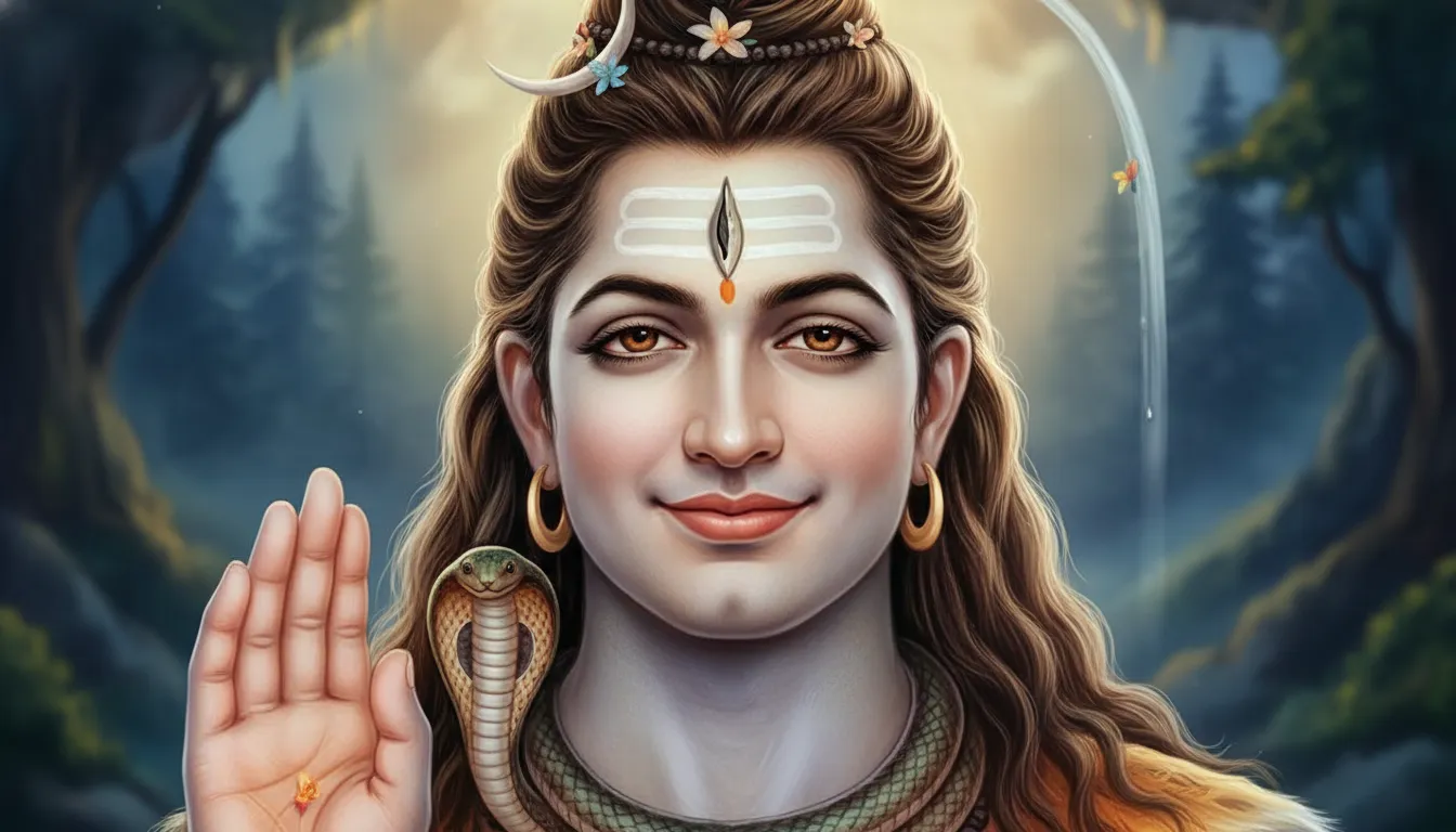 Lord Shiva face close-up with gentle smile compassionate expression