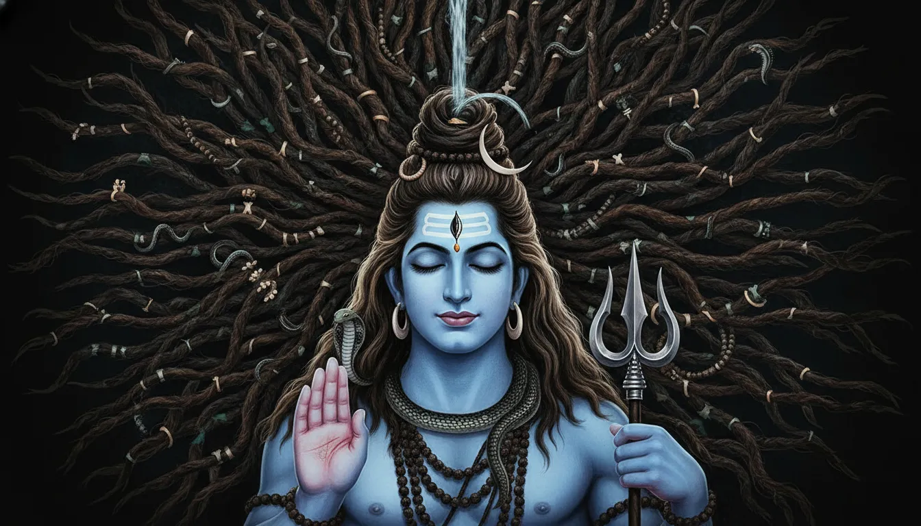 Lord Shiva face close-up with matted hair flowing wide on both sides