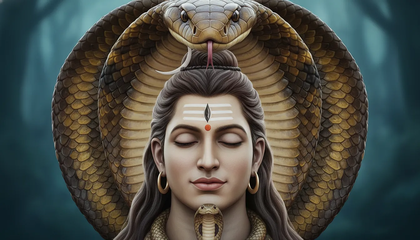 Lord Shiva face close-up with snake hood spread behind his head