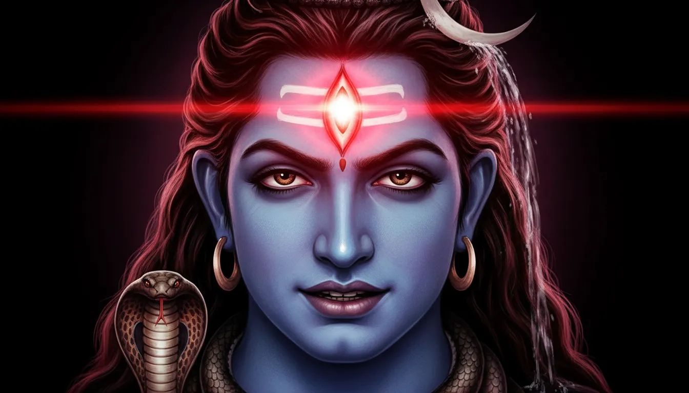 Lord Shiva face close-up with third eye fully open glowing red