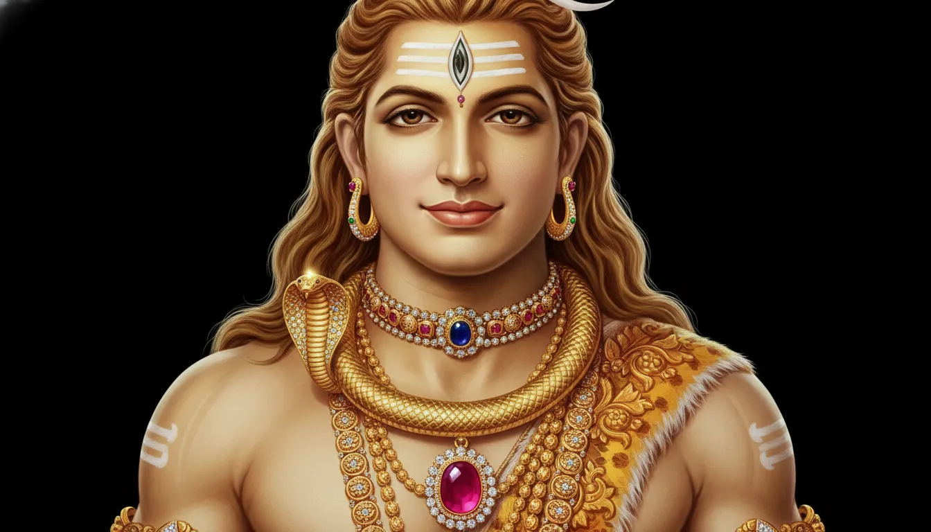 Lord Shiva face close-up with golden ornaments and jewelry detail