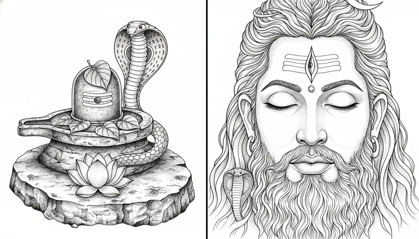Close up black and white line drawing of Lord Shiva face and third eye