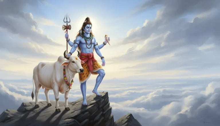 Lord Shiva facing Nandi his sacred bull with trident in hand powerful presence