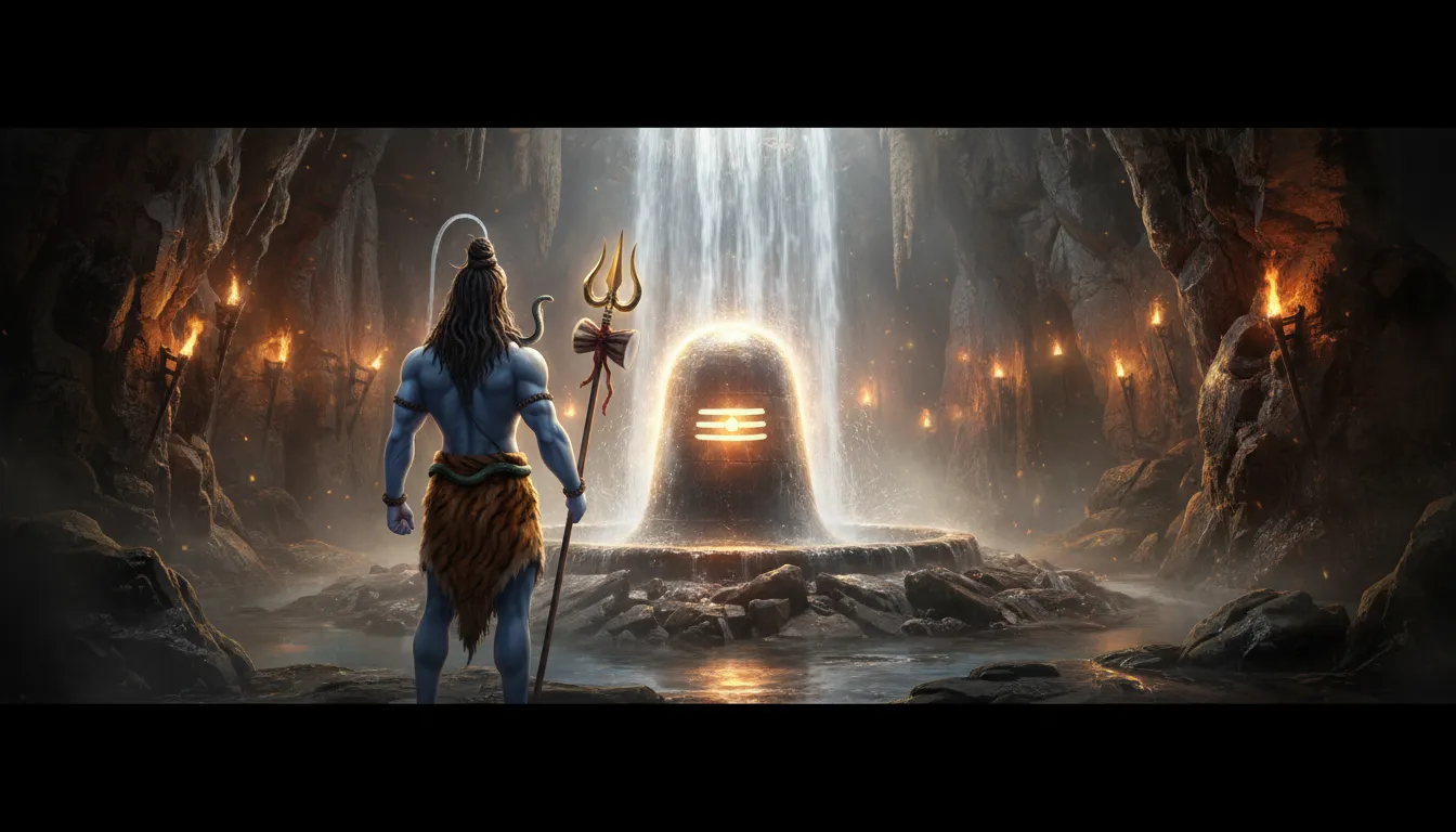 Rear view of Lord Shiva standing before a giant Shiva Lingam with a waterfall.