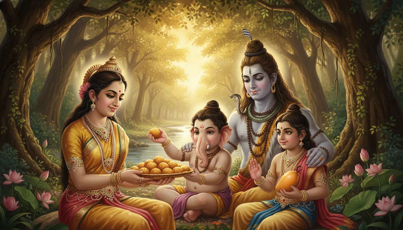 A heartwarming painting of Goddess Parvati and Shiva distributing sweets to Ganesha and Kartikeya.