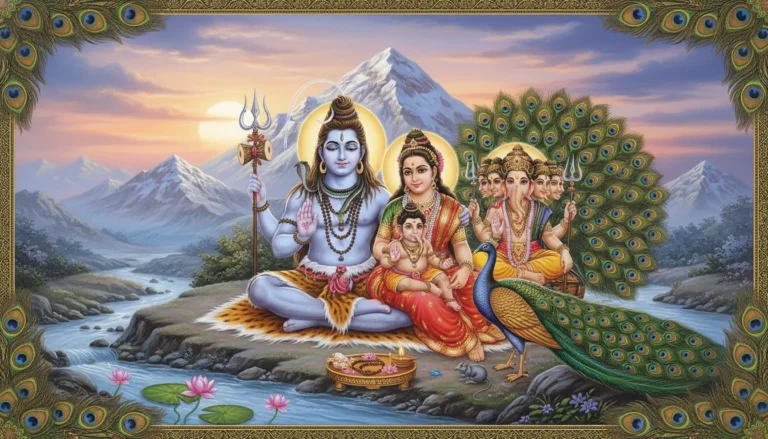 Lord Shiva family divine artwork HD with Mount Kailash Parvati Ganesha Kartikeya and Nandi.