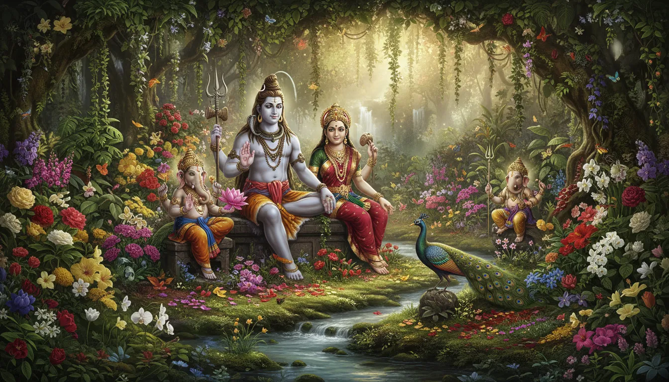 Shiva family glowing in evening light during prayer
