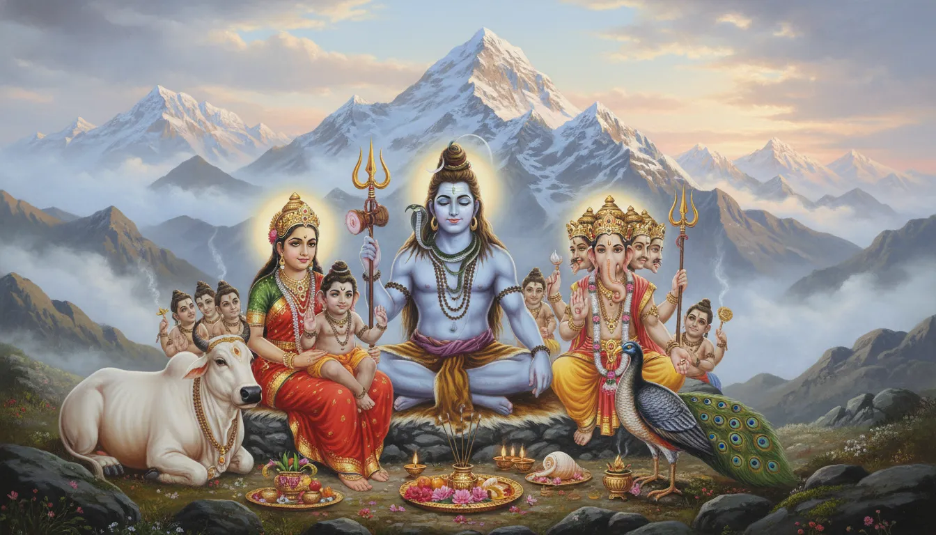 Lord Shiva family images HD with Himalayan mountain background and sacred offerings.