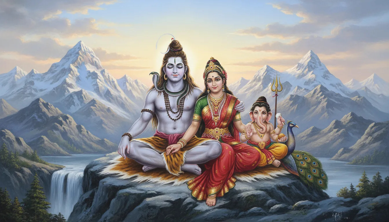 Lord Shiva family meditation HD image with Parvati Ganesha and Kartikeya.
