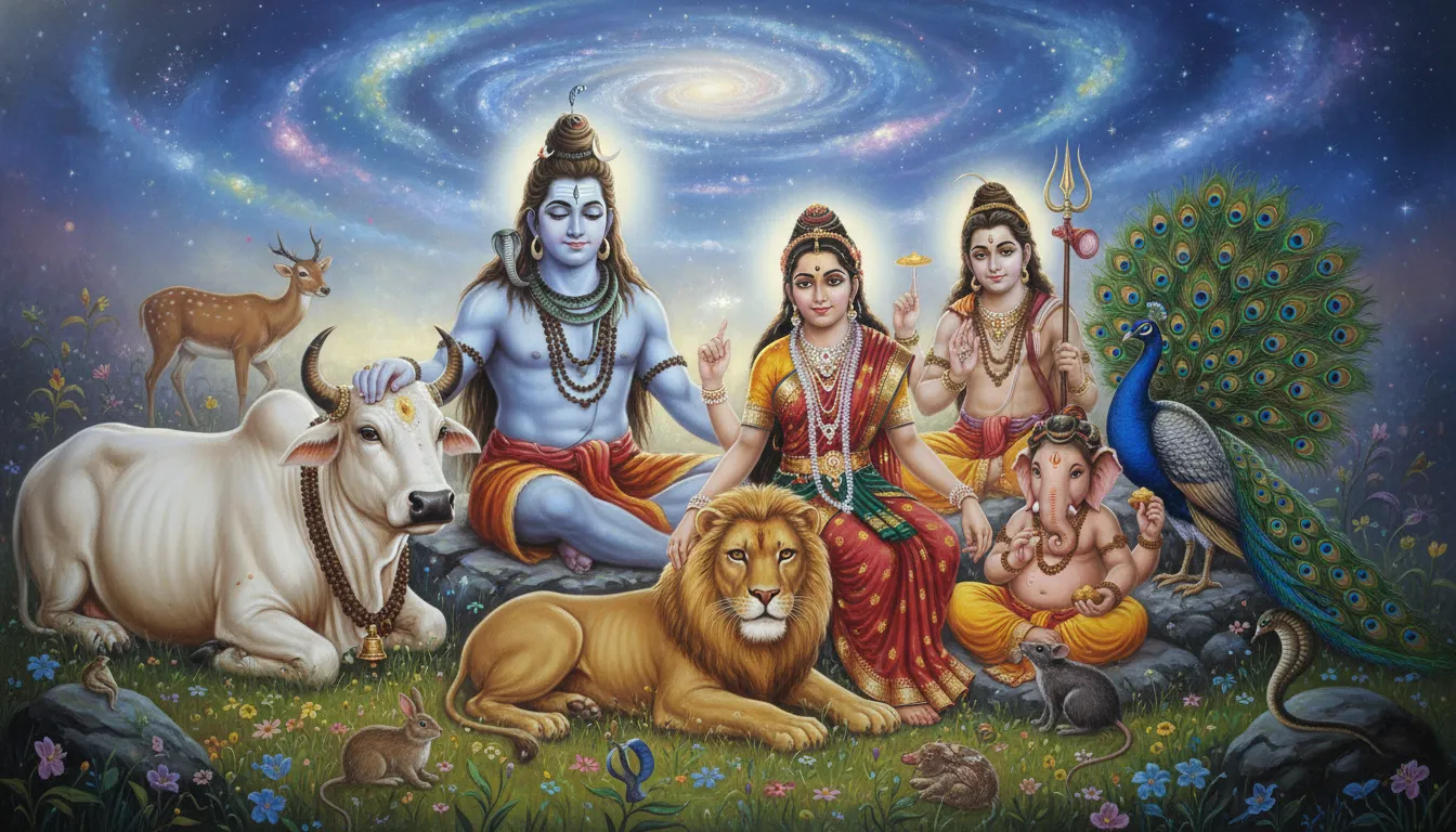 A detailed painting focusing on Shiva's family along with Nandi, the Lion, the Peacock, and the Mouse.