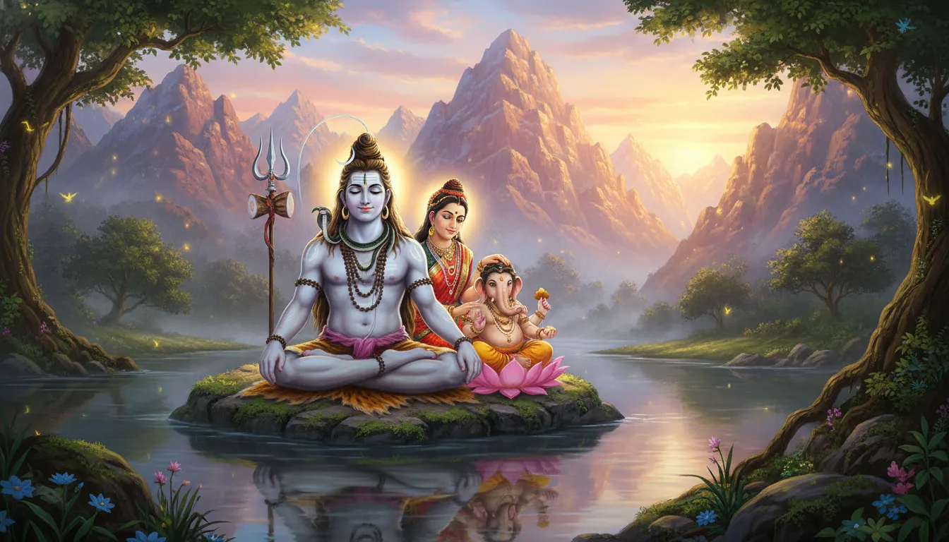 Lord Shiva family sitting near river with mountains and sunrise background