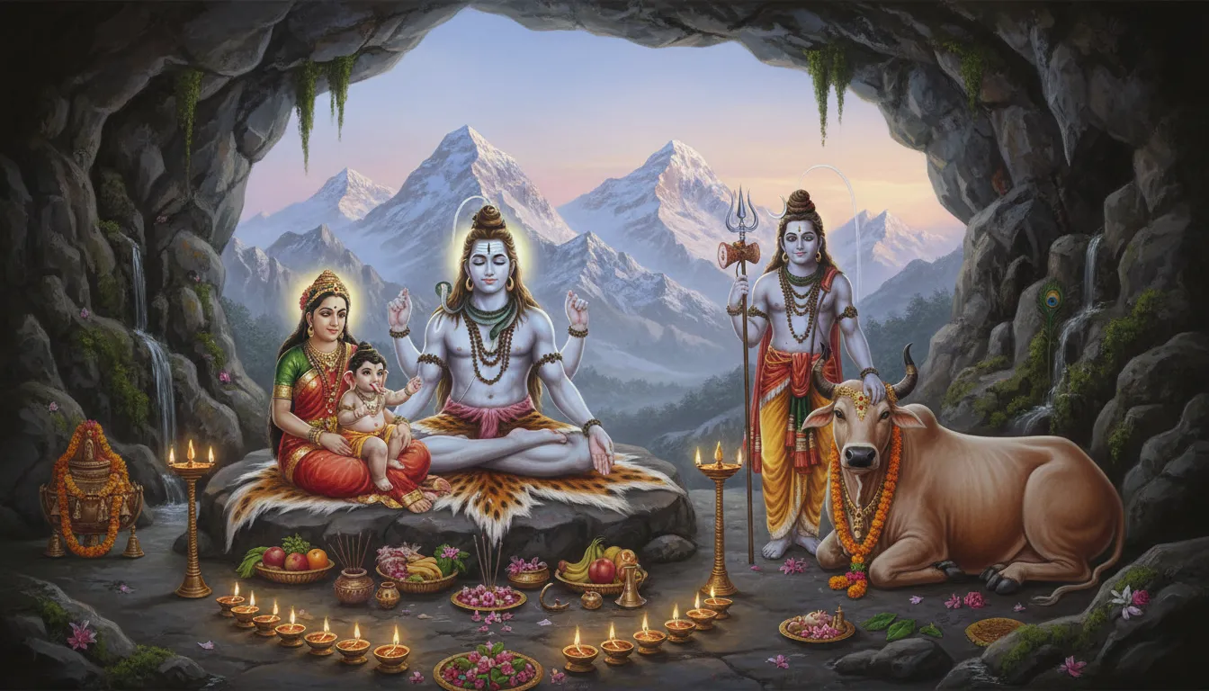 Lord Shiva family images HD with Parvati, Ganesha, Kartikeya, Nandi, and Himalayan cave background.