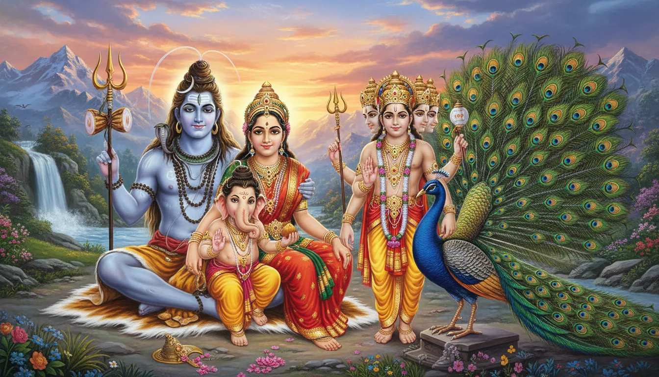 Shiva family with Kartikeya and peacock in colorful setting