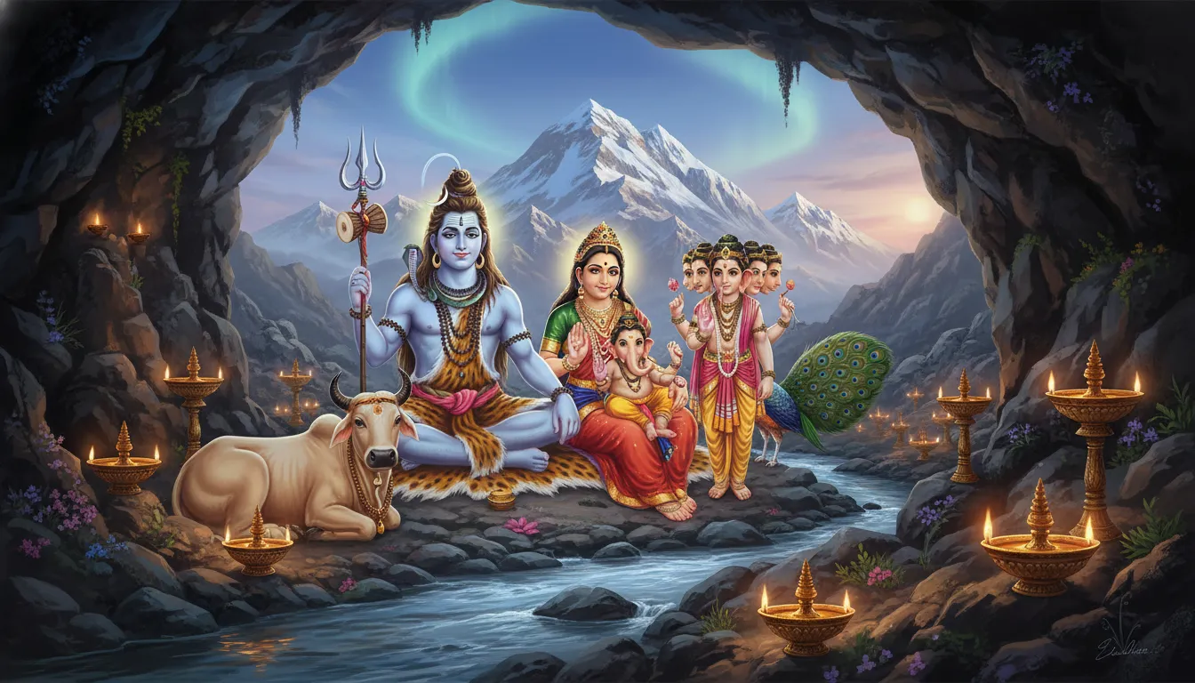 Lord Shiva family images HD with Nandi and Mount Kailash background.