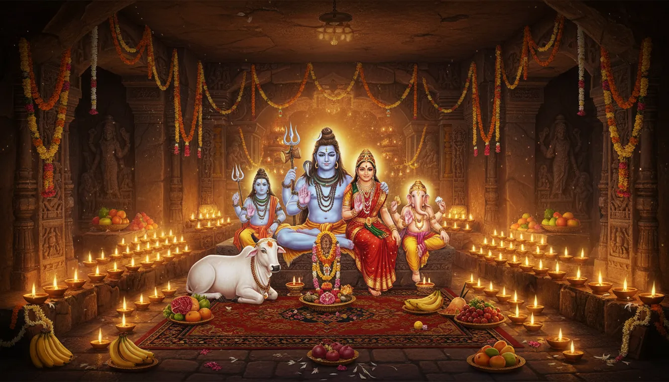 HD image of Lord Shiva family with oil lamps flowers fruits and Nandi.