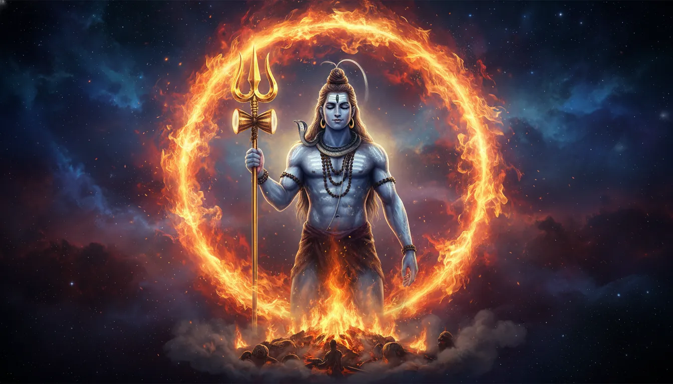 Lord Shiva surrounded by a blazing ring of cosmic fire holding a golden trident.
