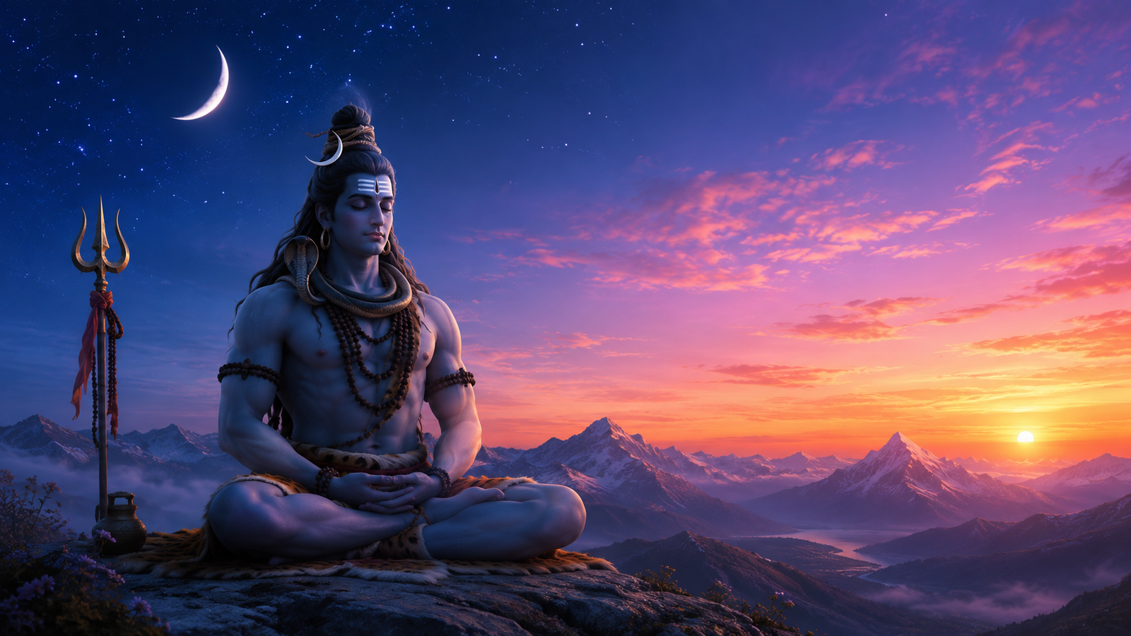 Lord Shiva in meditation as the dark night sky slowly transitions to early dawn with a fading crescent moon.