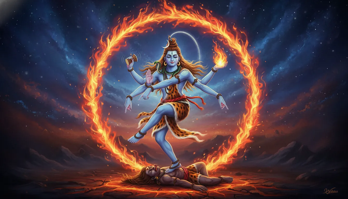 Lord Shiva Nataraja fire dance with circle of flames around