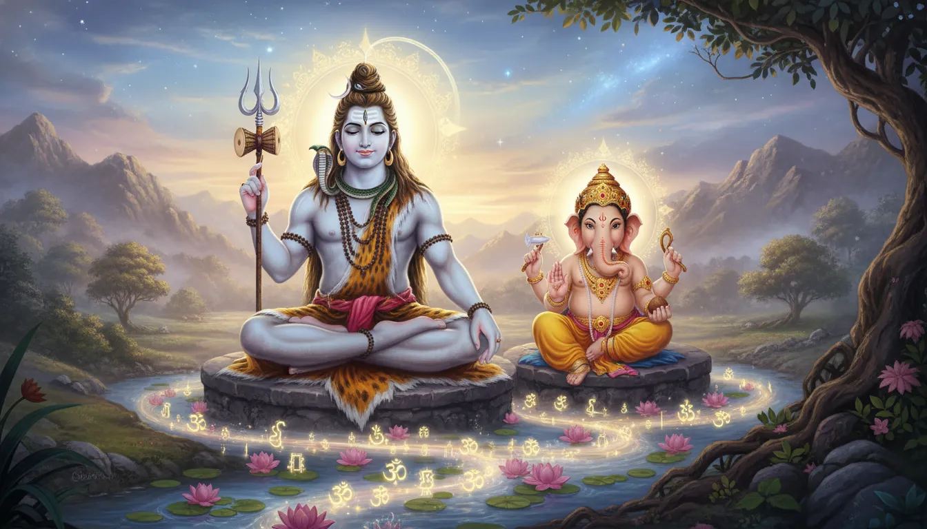 Lord Shiva and Ganesha together in a sacred family scene