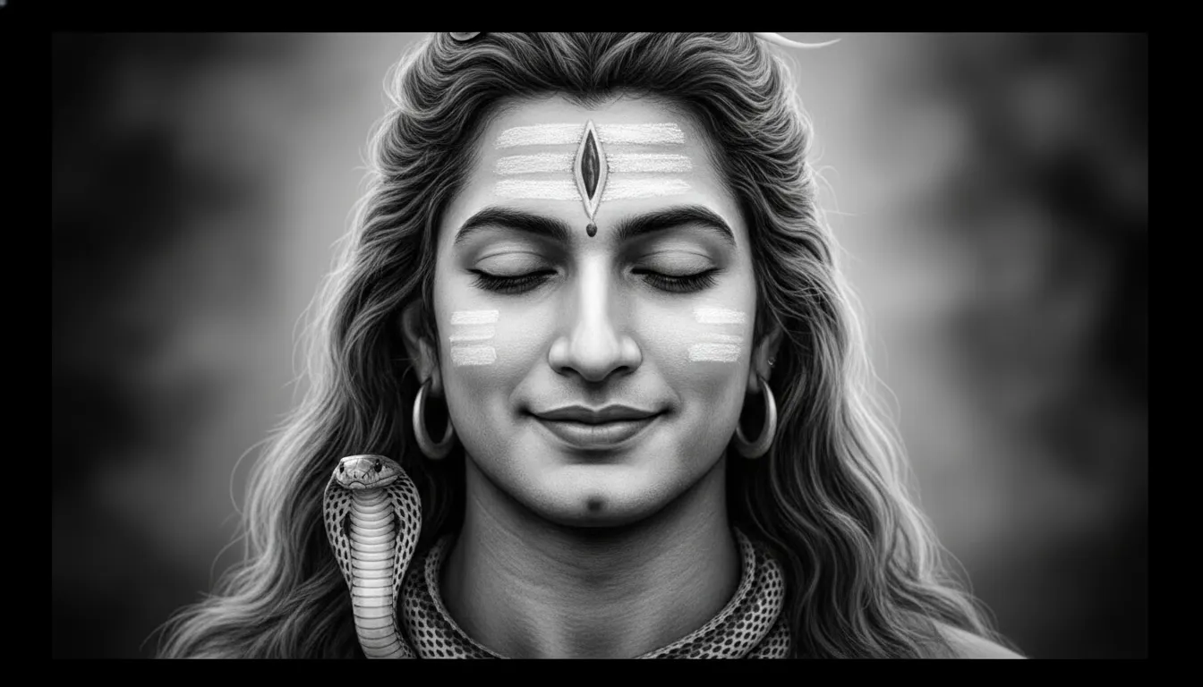 Close up gentle portrait of smiling Lord Shiva Bholenath in soft black and white tones