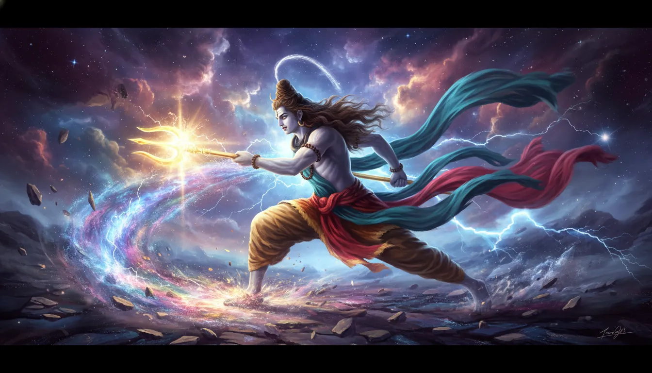 Lord Shiva holding a bright golden trishul while charging forward in a cosmic battle scene.