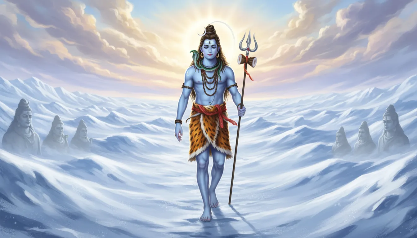 Lord Shiva taking graceful steps on a vast snowy glacier path under a divine blue sky.
