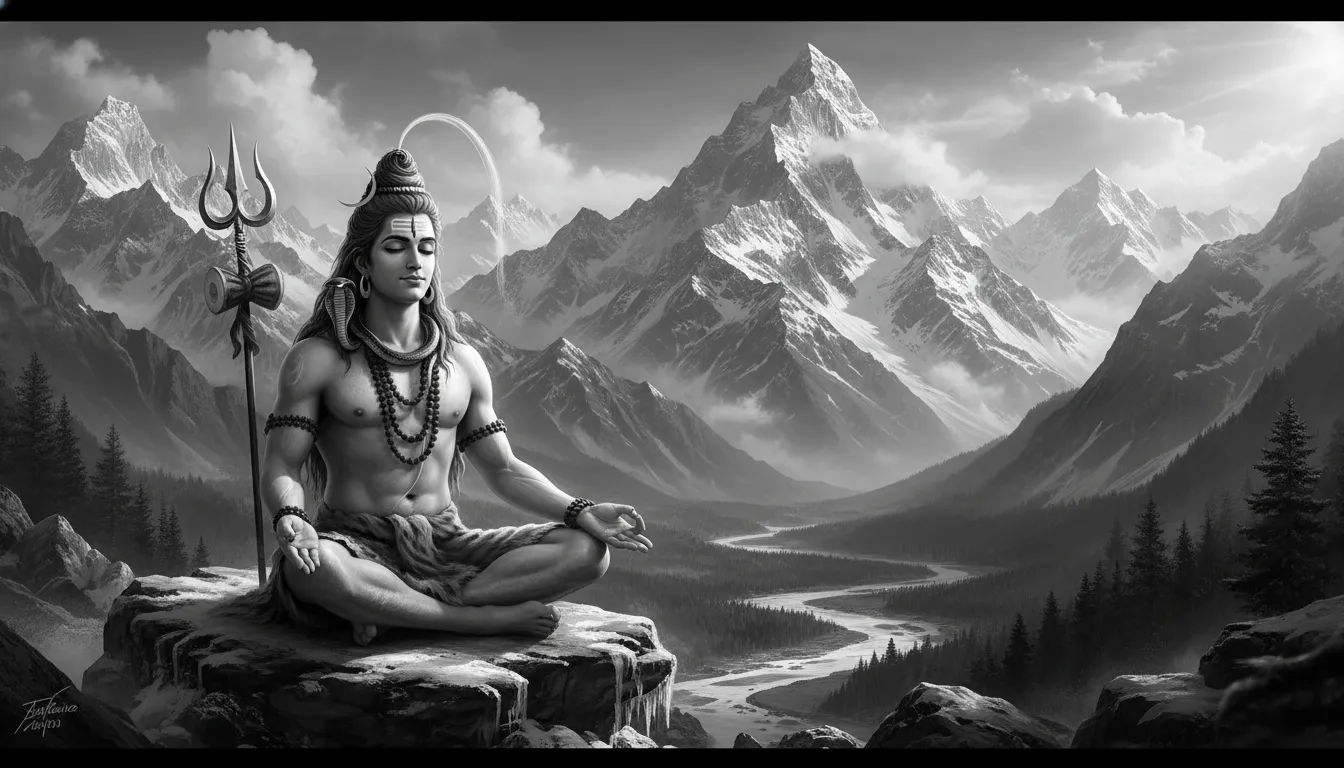 Shiva meditating with snowy Himalayan mountains black and white