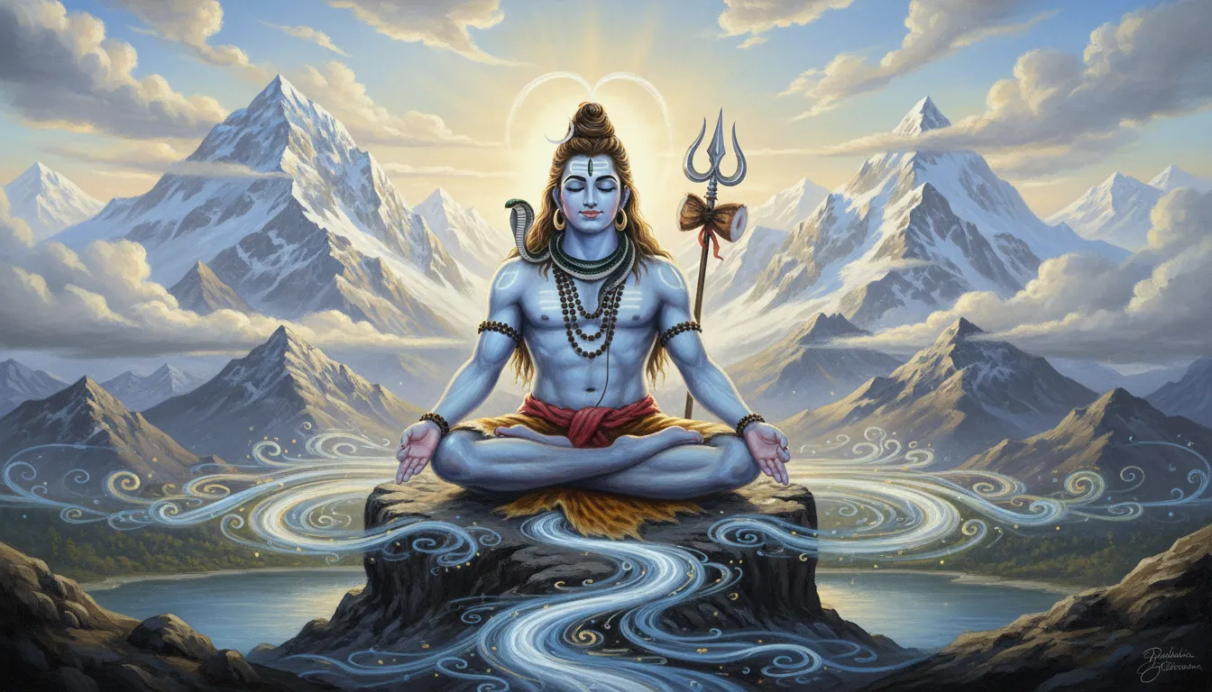 Lord Shiva drawing with Himalayan mountains and cloudy sky