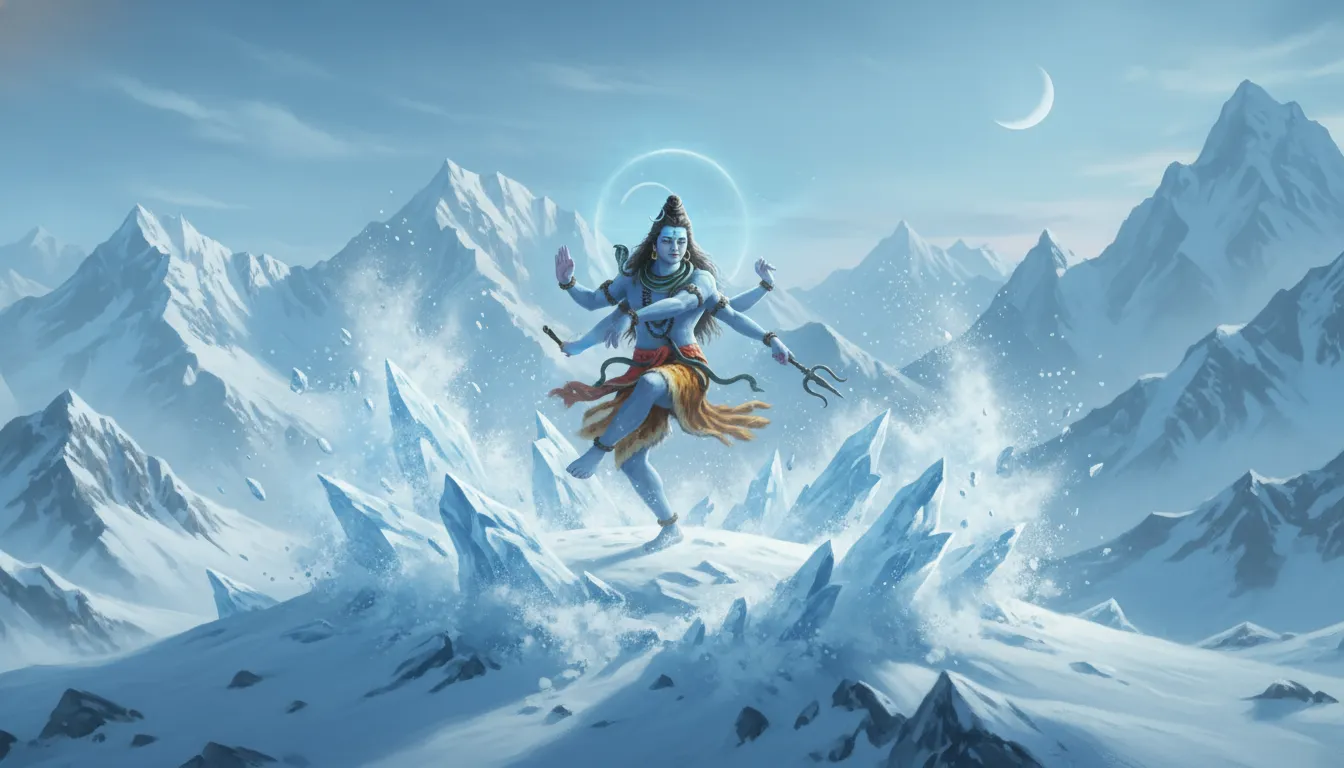 Lord Shiva performing Tandav on the snow-covered peaks of Mount Kailash with blue lighting.