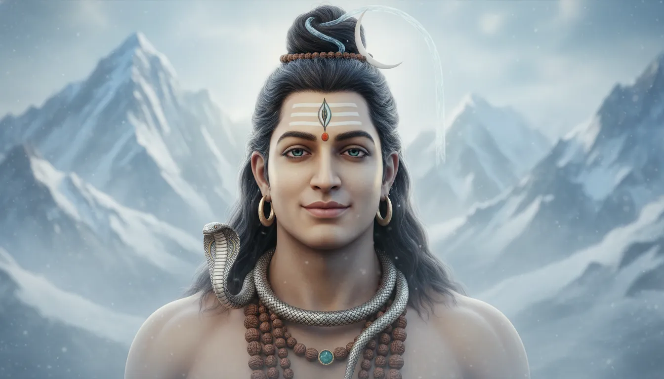 Spiritual portrait of Lord Shiva meditating amidst the snow-capped Himalayan peaks