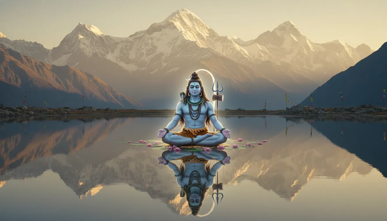 Lord Shiva meditating in the Himalayas with a lake and snow mountains wallpaper.