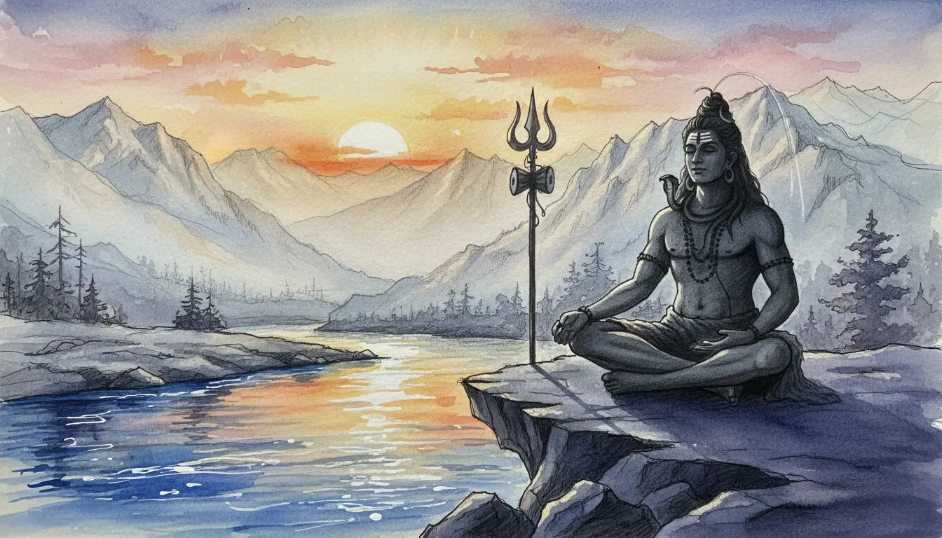 Watercolor and pencil drawing of Lord Shiva sitting by a holy river reflecting the mountain landscape.