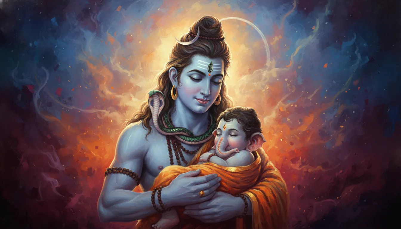 A cinematic digital painting of Lord Shiva tenderly holding a young Ganesha in his arms.