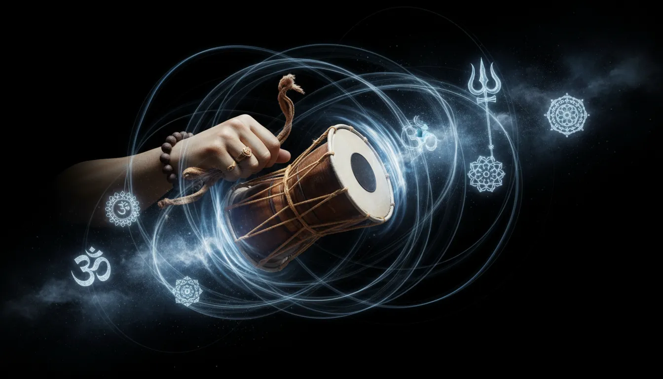 Close-up of Lord Shiva's upper hand holding the Damru drum emitting cosmic sound waves.