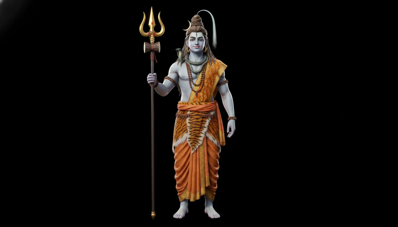 Lord Shiva standing with a trident, wearing traditional animal-skin clothing and ornaments against a black background.