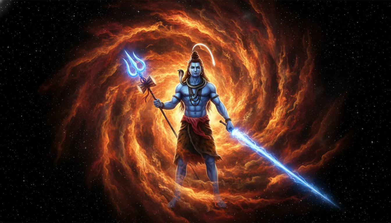 Lord Shiva holding his glowing trishul high while surrounded by intense space fire and stars.